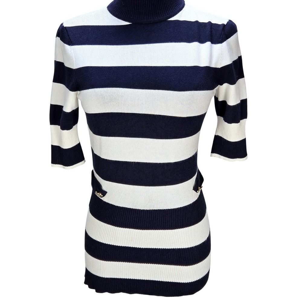 Women's Cache Size XS Striped Mock Neck 3/4 Sleeve Knit Top‎ Nautical Preppy